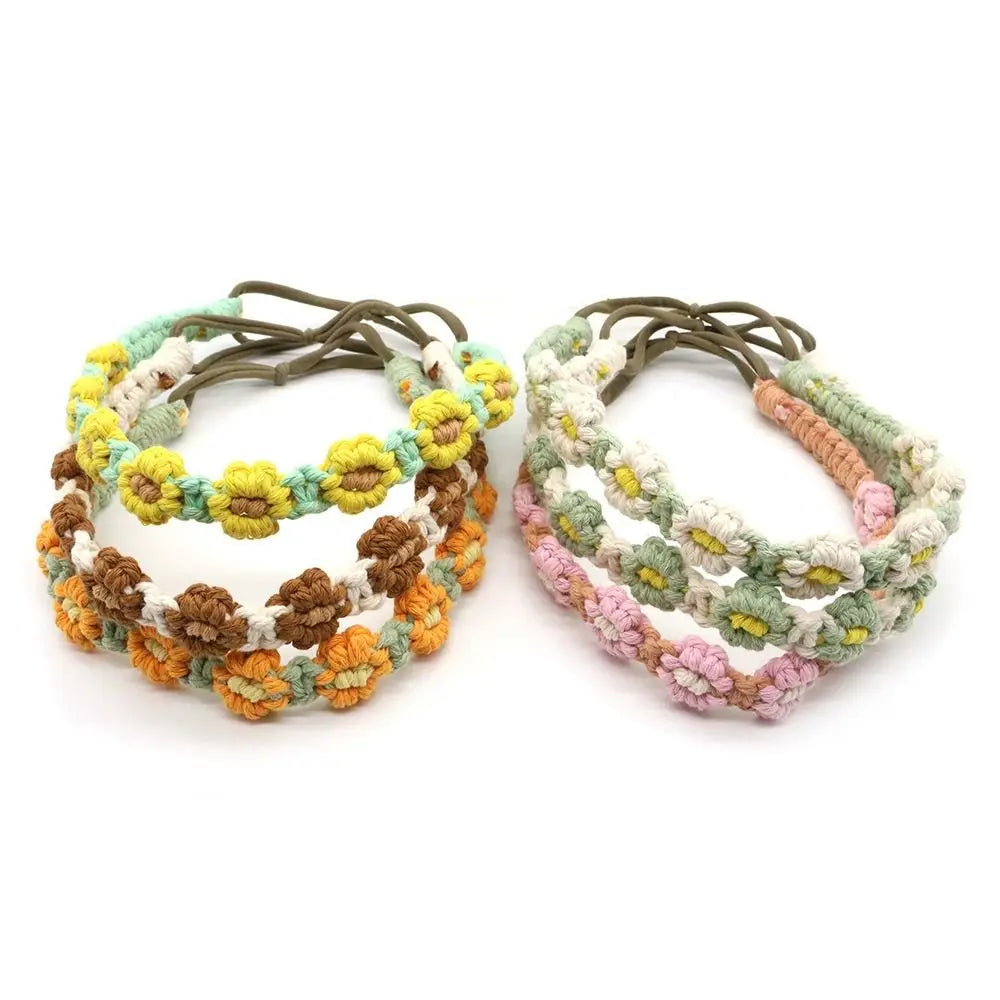 Cute Ethnic Style Flower Turban Headwrap Braided Rope Bohemian Headband Macrame Hair Band Women Hair Scarf Crochet Bandana