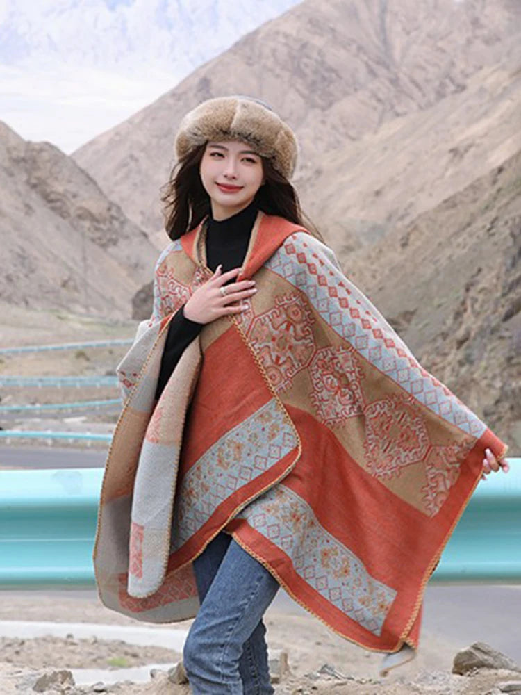 Jastie Retro Ethnic Large Shawl Ladies Fashion New Travel Knitted Hooded Poncho Women Boho Autumn Winter Warm Printed Cape Coats