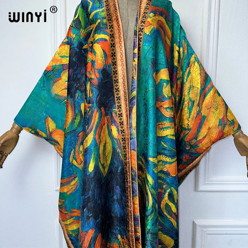 WINYI high quality boho print open coat Beach Wear Cover up elegant kaftan abaya dubai luxury Cardigan kimono maxi dress