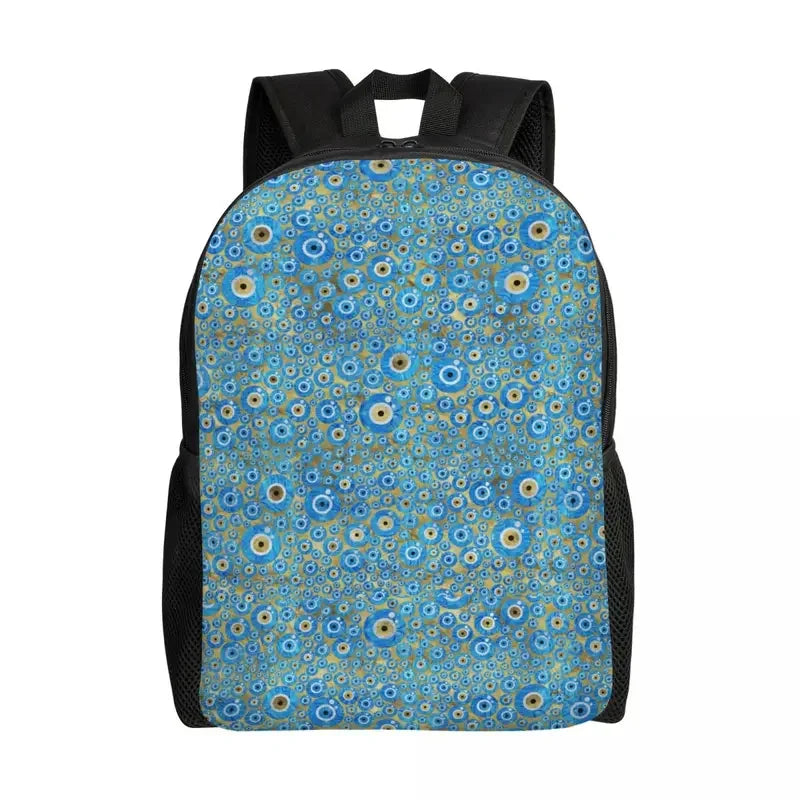 Custom Navy Blue White Mediterranean Evil Eye Mandala Pattern Backpacks Men Casual Bookbag for School College Bohemian Boho Bags