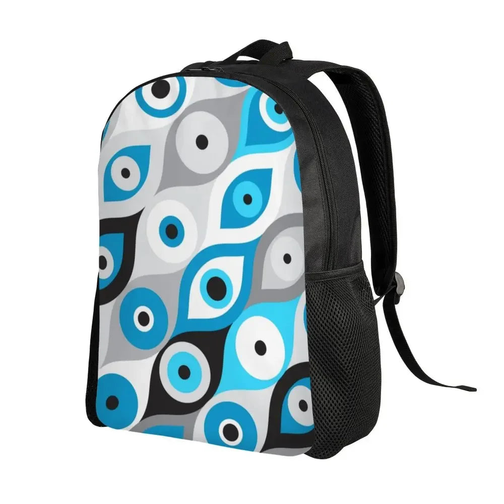 Custom Navy Blue White Mediterranean Evil Eye Mandala Pattern Backpacks Men Casual Bookbag for School College Bohemian Boho Bags