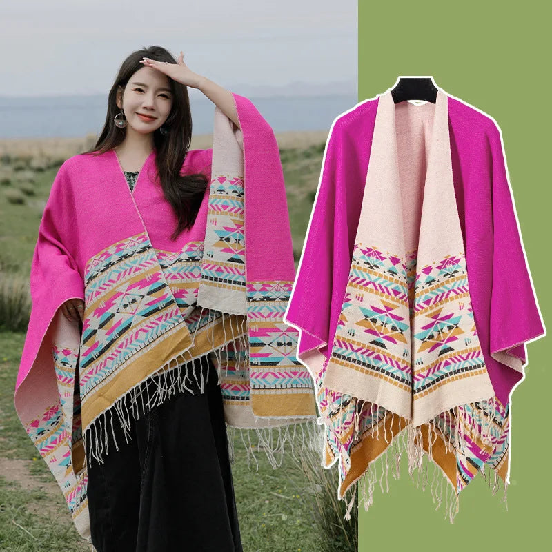 WeHello - Bohemian shawl tie dyed stripe overlay, imitation cashmere cape ethnic style warmth overlay with scarf
