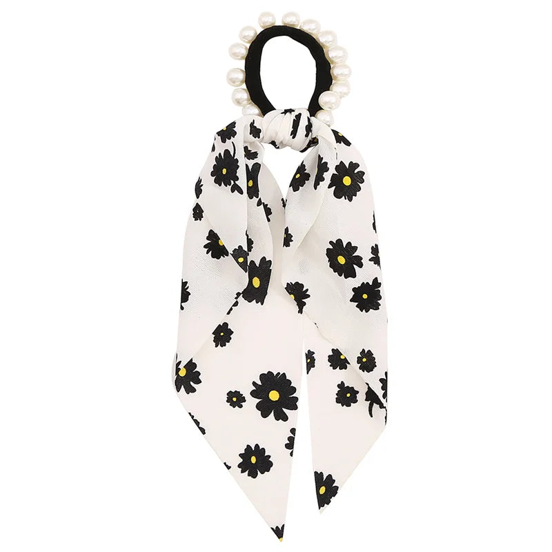 Bohemian Fashion Flower Printed Satin Elastic Long Ribbon Hair Bands Ponytail Scarf Hair Tie Women Scrunchies Hair Accessories