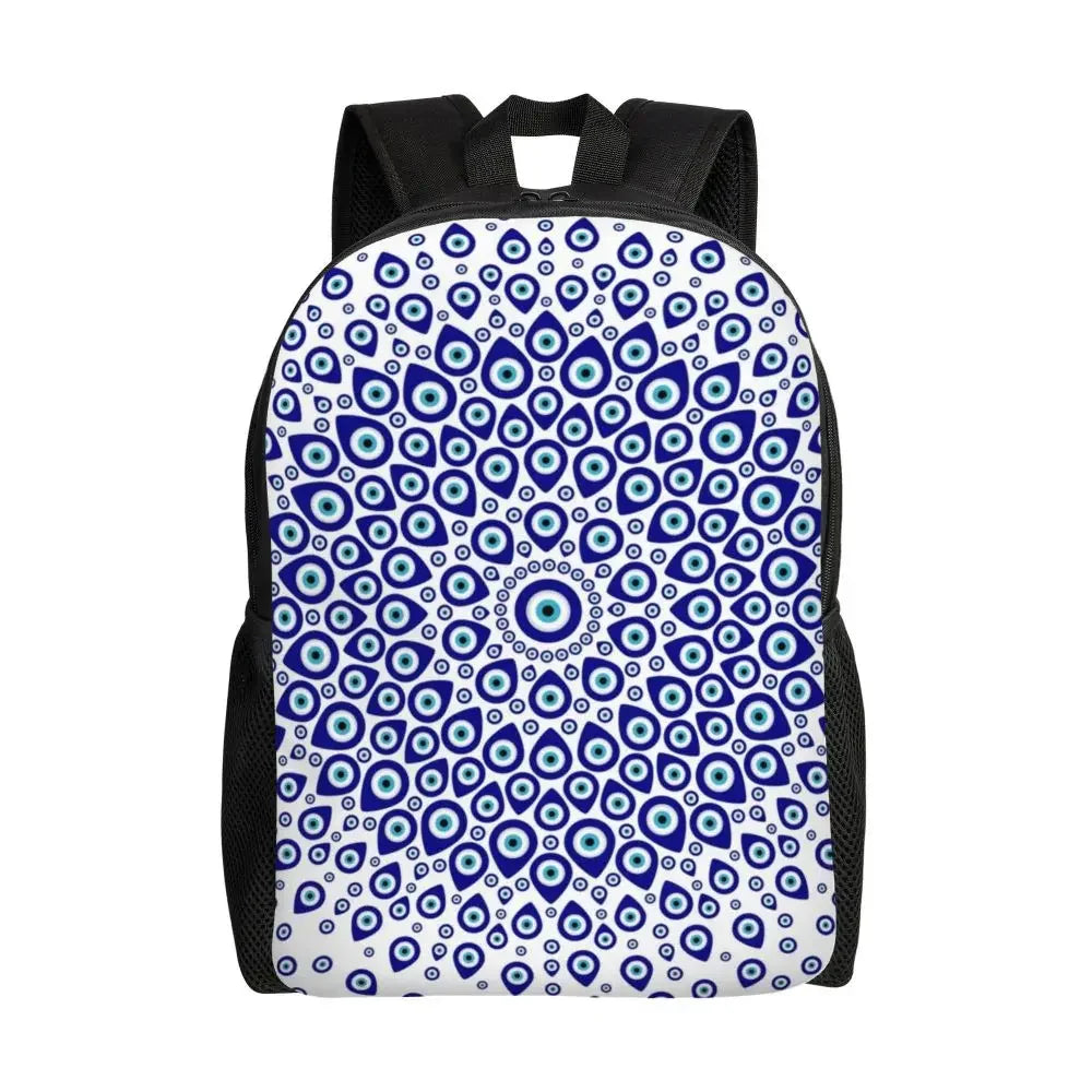 Custom Navy Blue White Mediterranean Evil Eye Mandala Pattern Backpacks Men Casual Bookbag for School College Bohemian Boho Bags