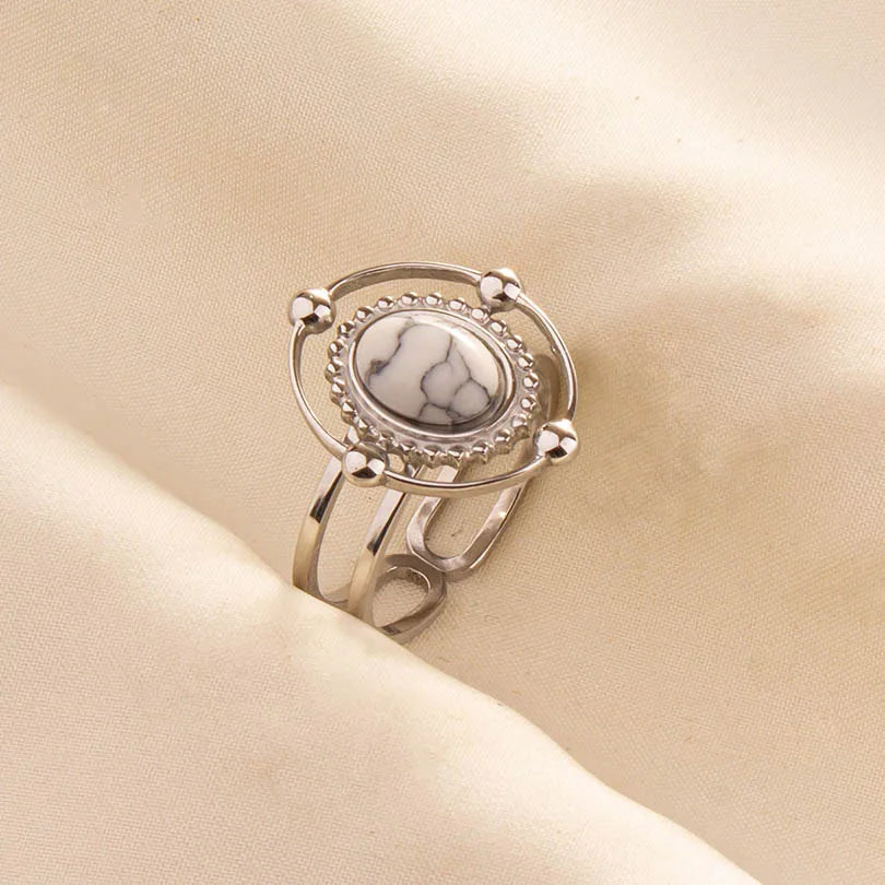Chic Bohemian White Turquoise Statement Silver Color Ring Stainless Steel Opening Adjustable Boho Ring Jewelry Gifts Never Fade