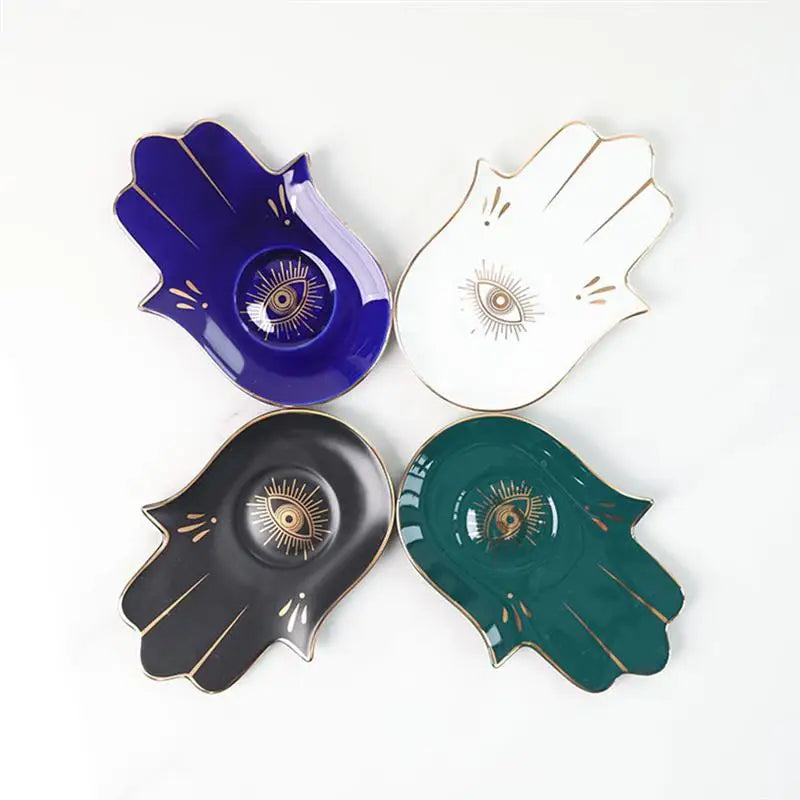 1pc Evil Eye Jewelry Tray Dish Holder Soap Plate Eye Of The Devil Storage Tray Ceramic Buddhist Hand Display Tray For Candle Key