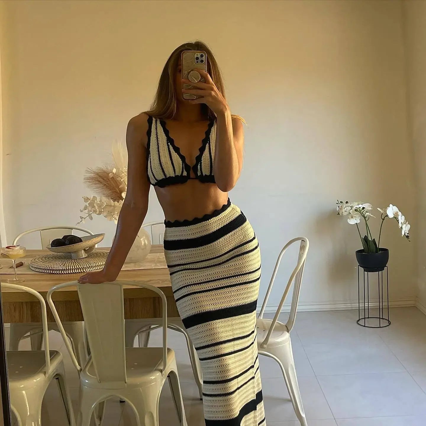 Trendix Stripe Knit Skirt And Bra Sets Women Sexy Backless Sleeveless Bikini Top Boho Party Elegant Knitwear Long Evening Dress