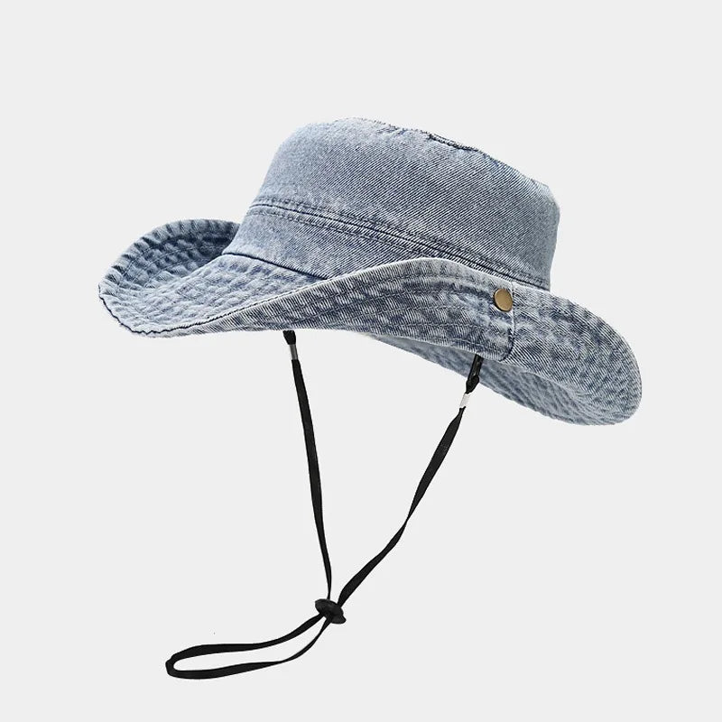 Women Girls Bucket Caps Pure Cotton Denim Stone-Washed Adjustable Safari Booney Sun Hats Wide Brim Adjustalbe