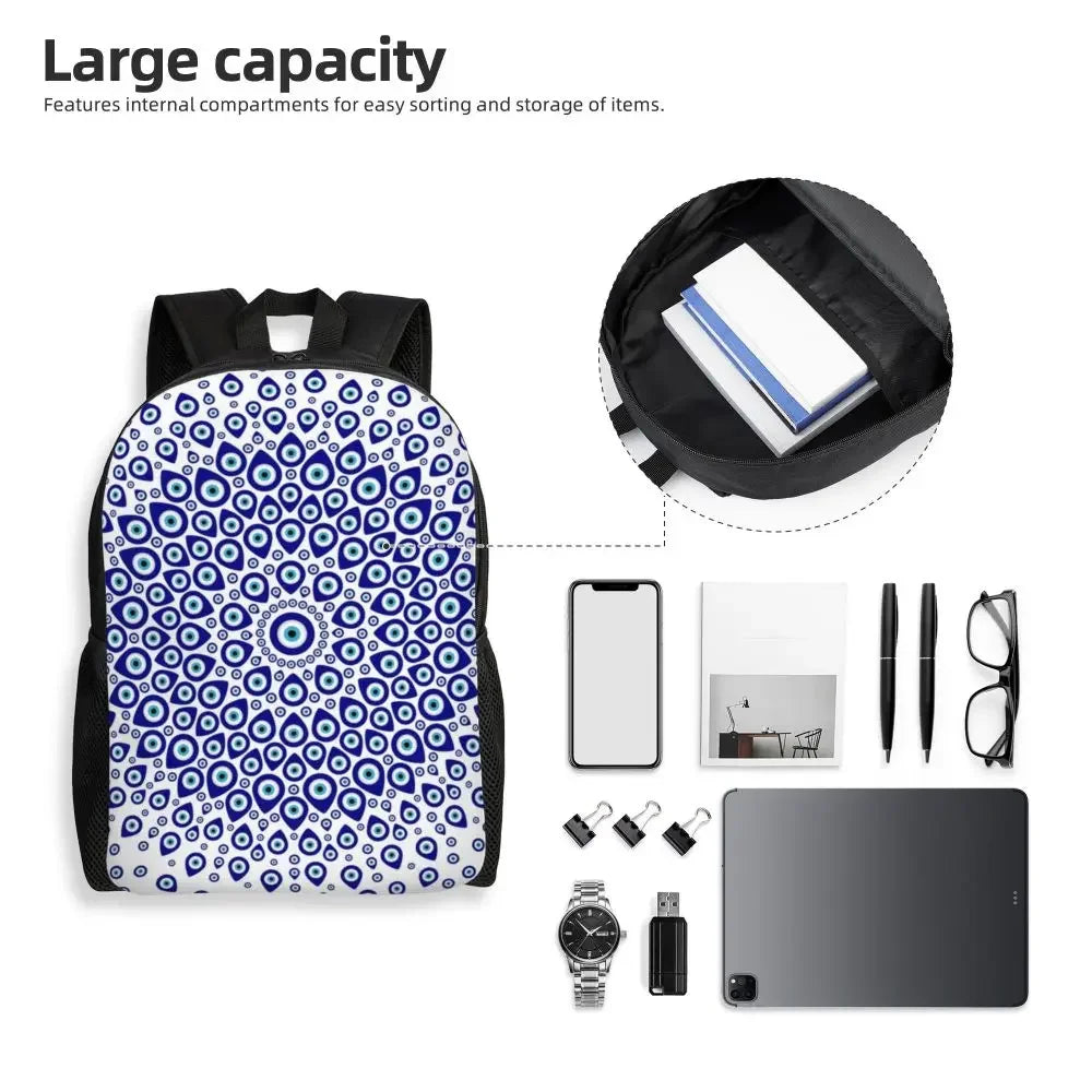 Custom Navy Blue White Mediterranean Evil Eye Mandala Pattern Backpacks Men Casual Bookbag for School College Bohemian Boho Bags