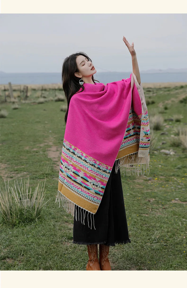 WeHello - Bohemian shawl tie dyed stripe overlay, imitation cashmere cape ethnic style warmth overlay with scarf