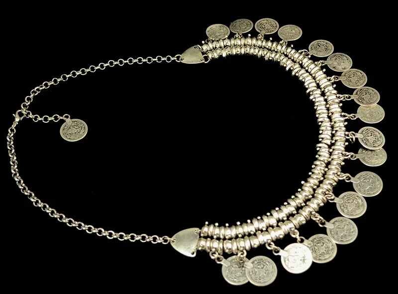 Boho Ethnic Turkish Gypsy Tribal Indian Beach Choker Bib Coin Tassel Collares Necklace For Women Vintage Silvery Afghan Jewelry
