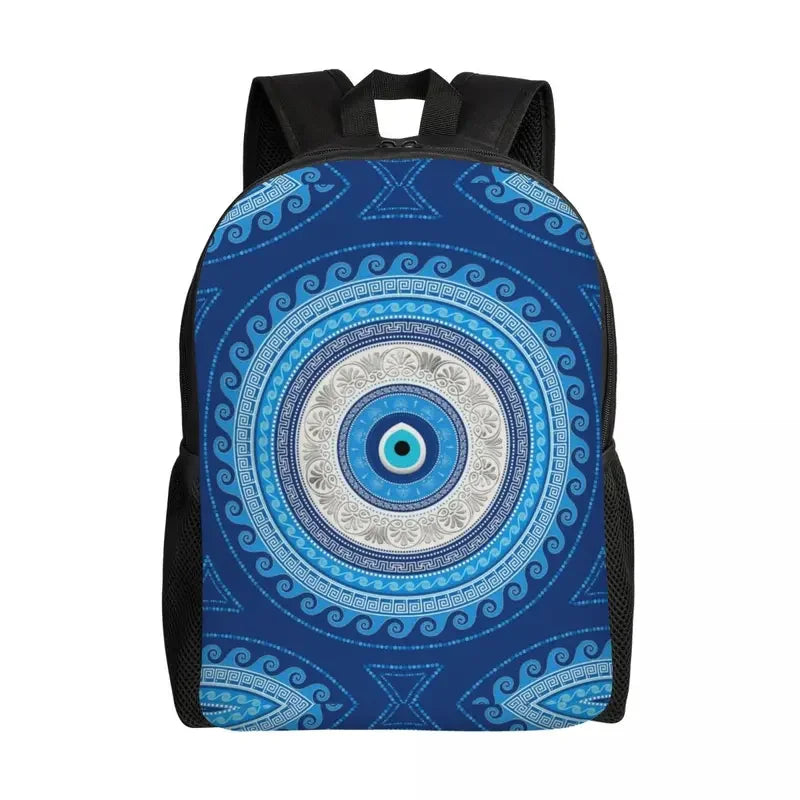 Custom Navy Blue White Mediterranean Evil Eye Mandala Pattern Backpacks Men Casual Bookbag for School College Bohemian Boho Bags