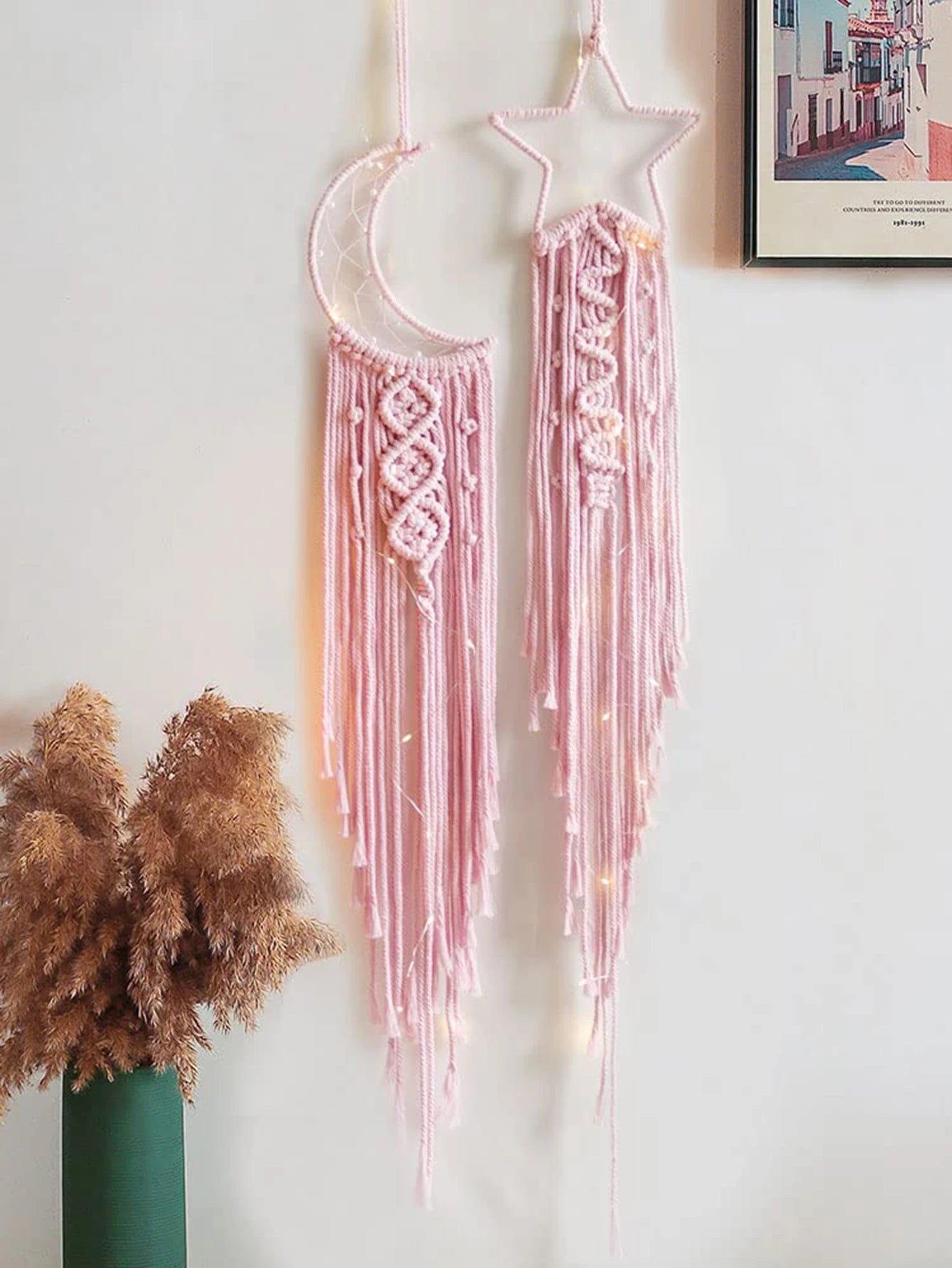 2Pcs Moon Star Macrame Dream Catcher Beige Pink Purple Tapestry Boho Home Decoration Macrame Wall Hanging Christmas Gift Kawaii