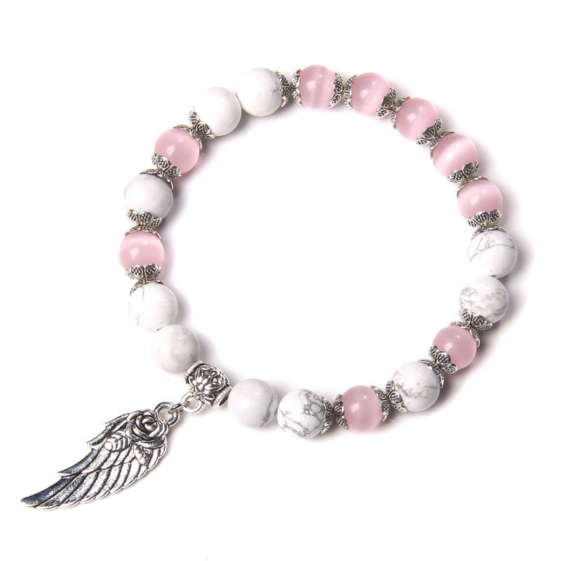 Pink Quartz with Angel Wings Pendent Bracelets Women Natural Stone Beads Charms Bangles Meditation Ethnic Handmade Jewelry Gift