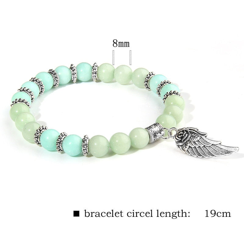Pink Quartz with Angel Wings Pendent Bracelets Women Natural Stone Beads Charms Bangles Meditation Ethnic Handmade Jewelry Gift