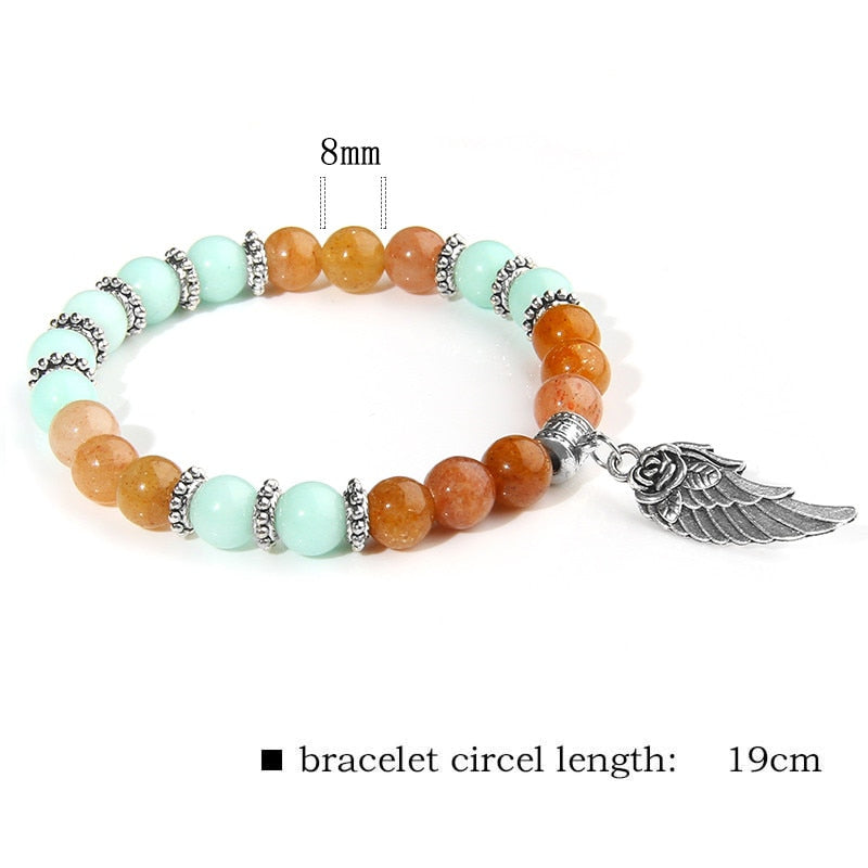 Pink Quartz with Angel Wings Pendent Bracelets Women Natural Stone Beads Charms Bangles Meditation Ethnic Handmade Jewelry Gift