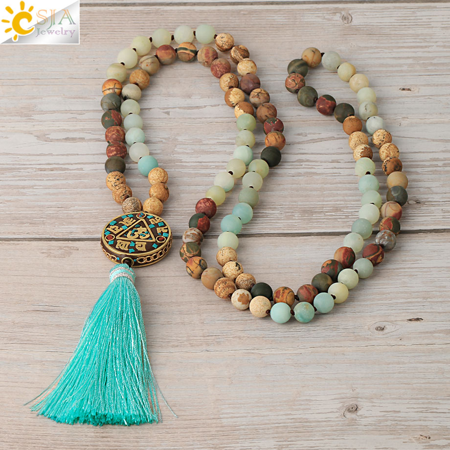 CSJA Mala Necklace 108 Natural Stones Japamala Matte Amazonite Female Long Necklaces Bohemian Meditation Jewelry Collier S672