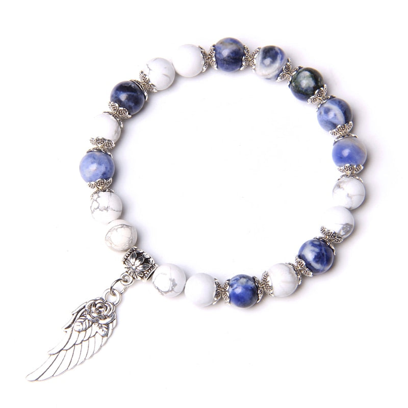 Pink Quartz with Angel Wings Pendent Bracelets Women Natural Stone Beads Charms Bangles Meditation Ethnic Handmade Jewelry Gift