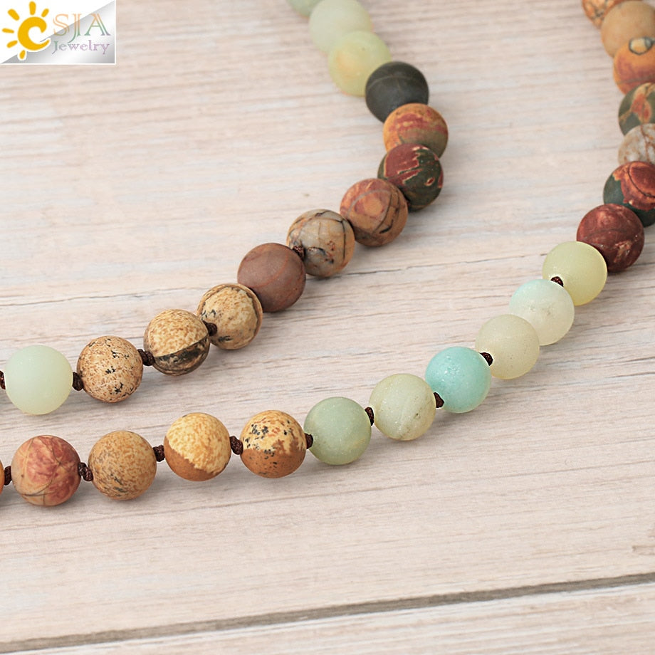 CSJA Mala Necklace 108 Natural Stones Japamala Matte Amazonite Female Long Necklaces Bohemian Meditation Jewelry Collier S672