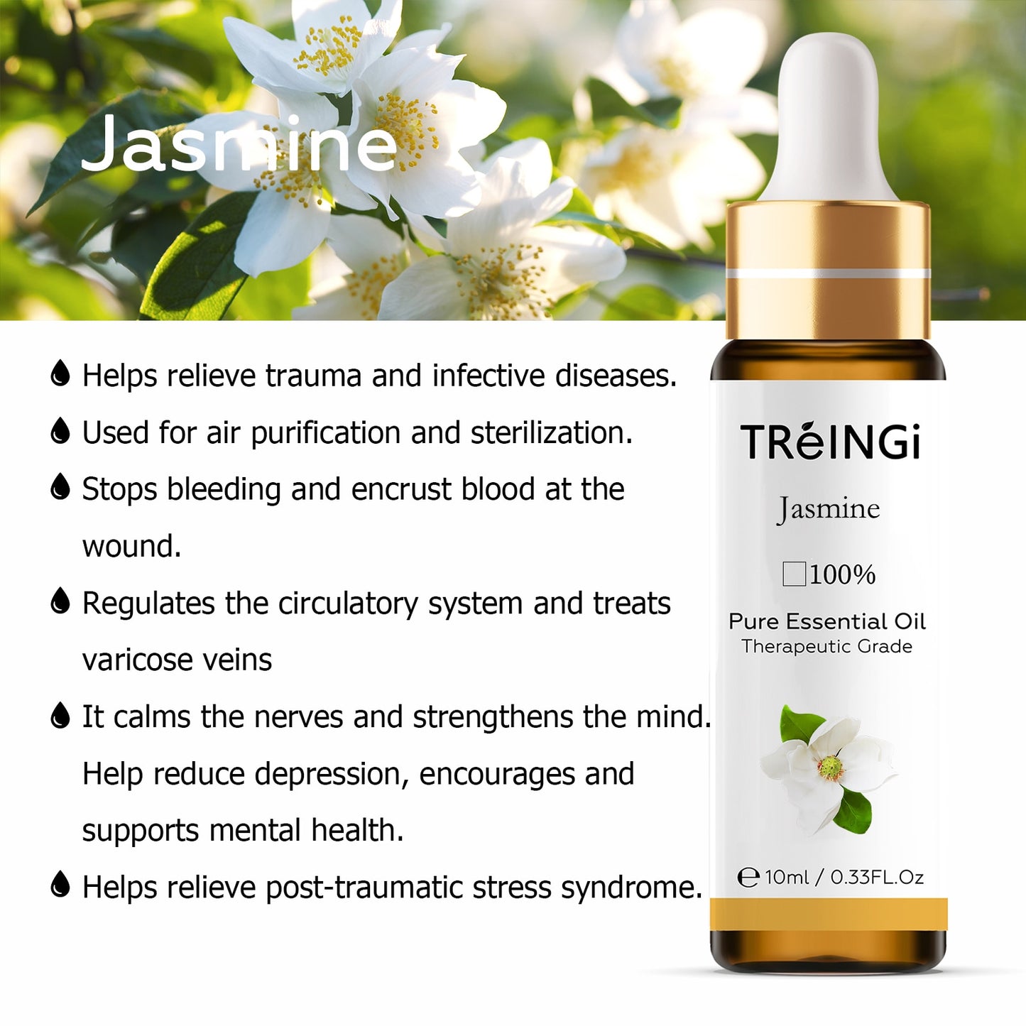 10ml Pure Natural Sandalwood Essential Oils Jasmine Lavender Rose Vanilla Mint Sage Cinnamon Bergamot Tea Tree Oil with Dropper