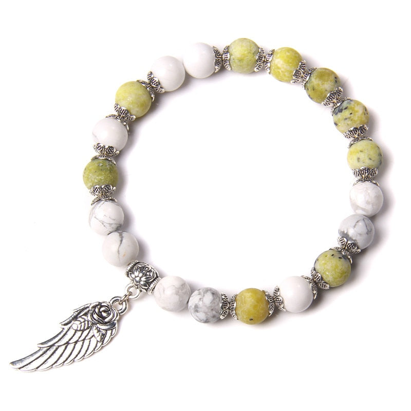 Pink Quartz with Angel Wings Pendent Bracelets Women Natural Stone Beads Charms Bangles Meditation Ethnic Handmade Jewelry Gift