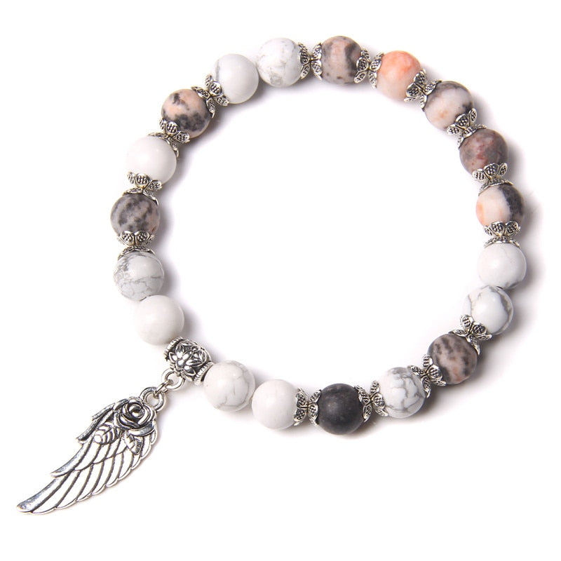 Pink Quartz with Angel Wings Pendent Bracelets Women Natural Stone Beads Charms Bangles Meditation Ethnic Handmade Jewelry Gift