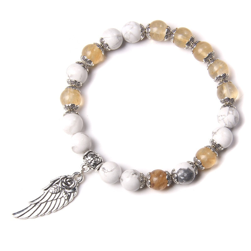 Pink Quartz with Angel Wings Pendent Bracelets Women Natural Stone Beads Charms Bangles Meditation Ethnic Handmade Jewelry Gift