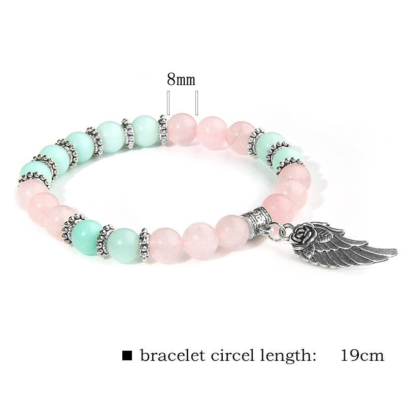 Pink Quartz with Angel Wings Pendent Bracelets Women Natural Stone Beads Charms Bangles Meditation Ethnic Handmade Jewelry Gift