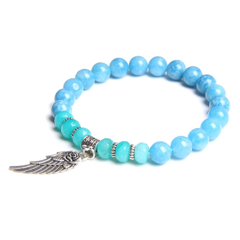 Pink Quartz with Angel Wings Pendent Bracelets Women Natural Stone Beads Charms Bangles Meditation Ethnic Handmade Jewelry Gift
