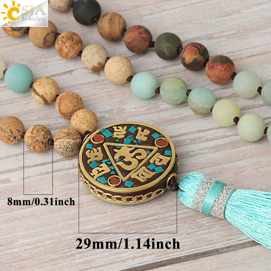 CSJA Mala Necklace 108 Natural Stones Japamala Matte Amazonite Female Long Necklaces Bohemian Meditation Jewelry Collier S672