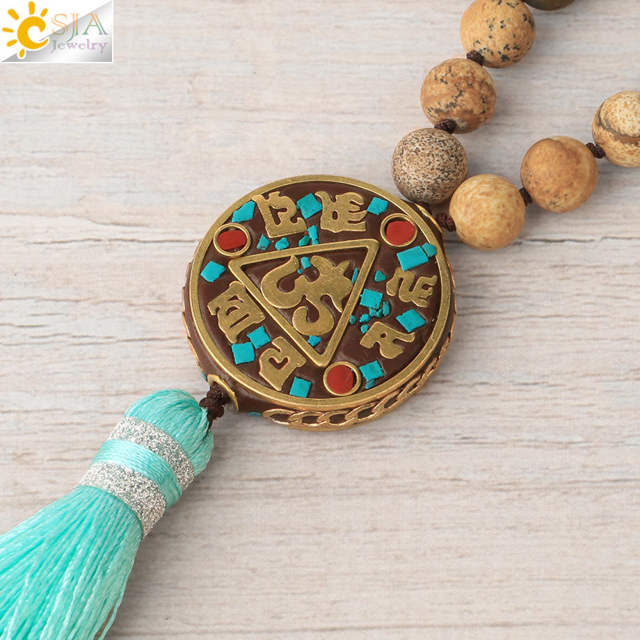 CSJA Mala Necklace 108 Natural Stones Japamala Matte Amazonite Female Long Necklaces Bohemian Meditation Jewelry Collier S672