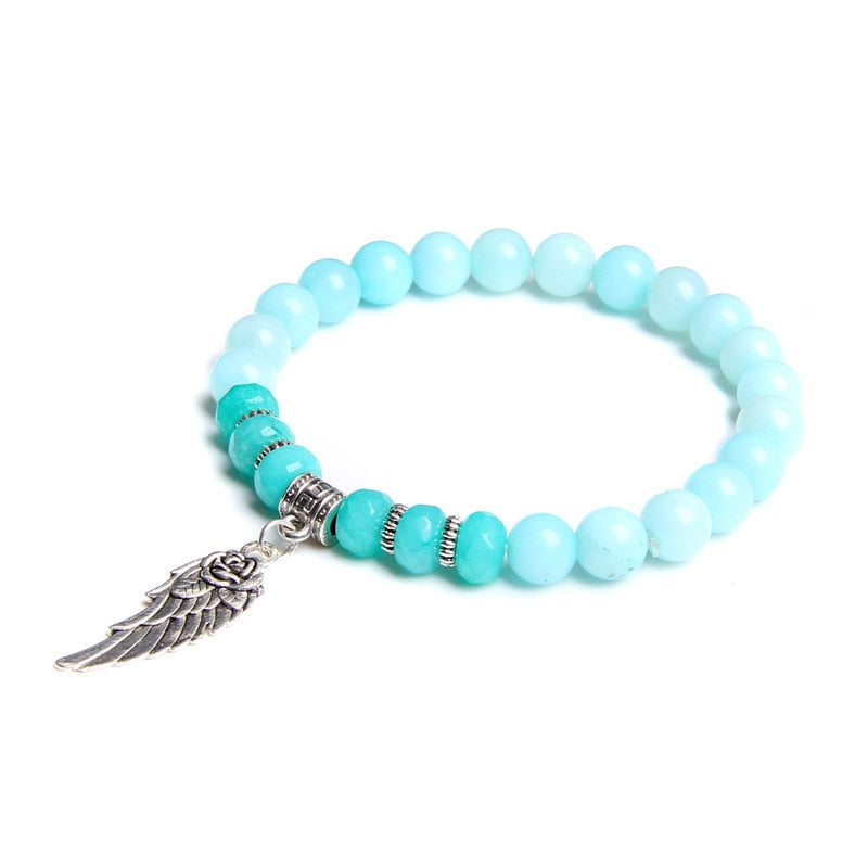 Pink Quartz with Angel Wings Pendent Bracelets Women Natural Stone Beads Charms Bangles Meditation Ethnic Handmade Jewelry Gift