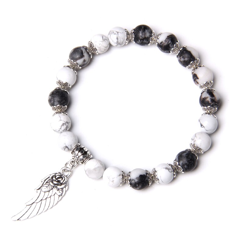Pink Quartz with Angel Wings Pendent Bracelets Women Natural Stone Beads Charms Bangles Meditation Ethnic Handmade Jewelry Gift