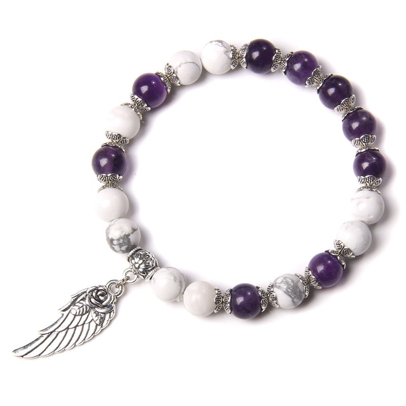 Pink Quartz with Angel Wings Pendent Bracelets Women Natural Stone Beads Charms Bangles Meditation Ethnic Handmade Jewelry Gift
