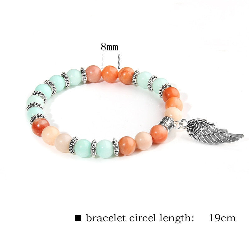 Pink Quartz with Angel Wings Pendent Bracelets Women Natural Stone Beads Charms Bangles Meditation Ethnic Handmade Jewelry Gift