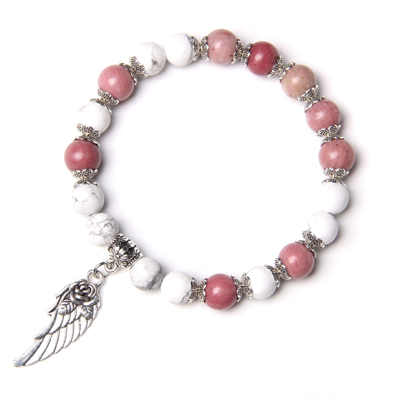 Pink Quartz with Angel Wings Pendent Bracelets Women Natural Stone Beads Charms Bangles Meditation Ethnic Handmade Jewelry Gift