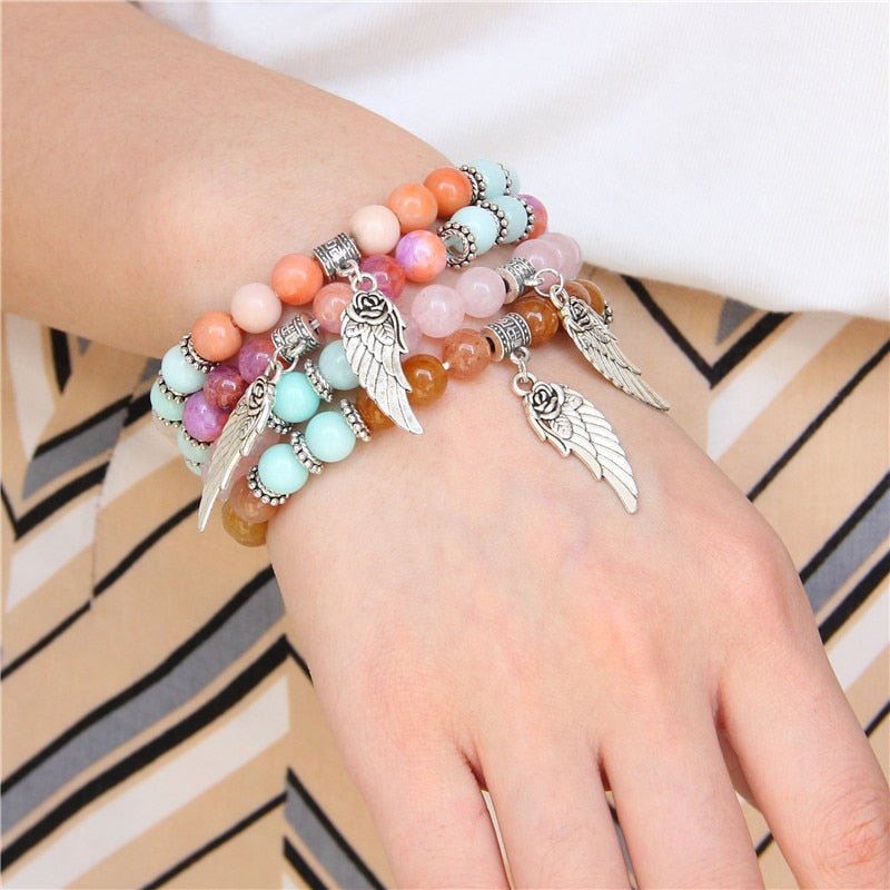 Pink Quartz with Angel Wings Pendent Bracelets Women Natural Stone Beads Charms Bangles Meditation Ethnic Handmade Jewelry Gift