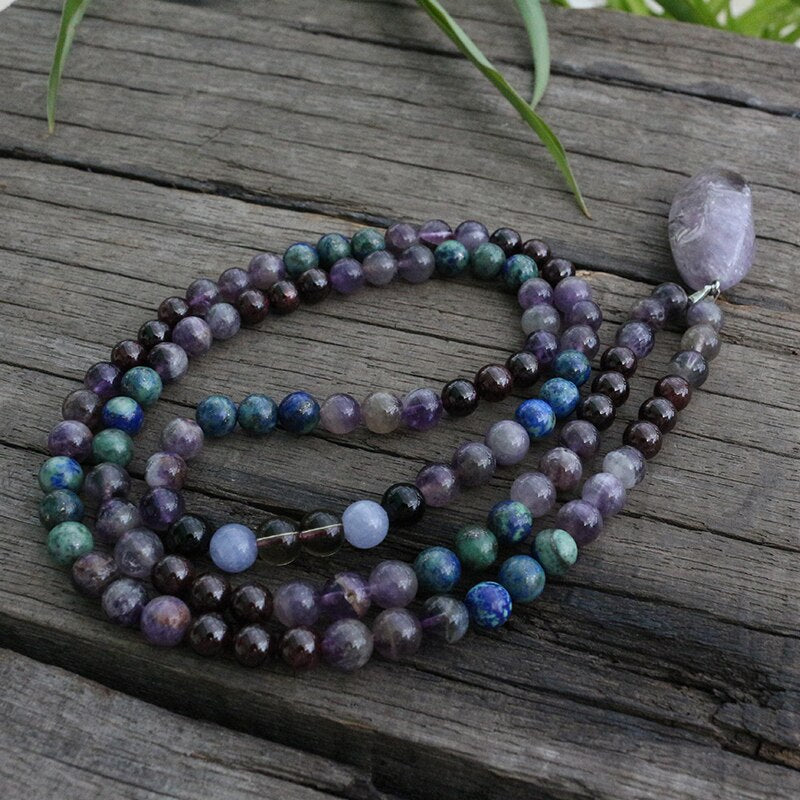 100% 8mm Natural Stone Beads,Amethyst,Garnet,Lapis, JapaMala Beads, 108 Mala Necklace,Meditation Mantra Beads, Spiritual Jewelry
