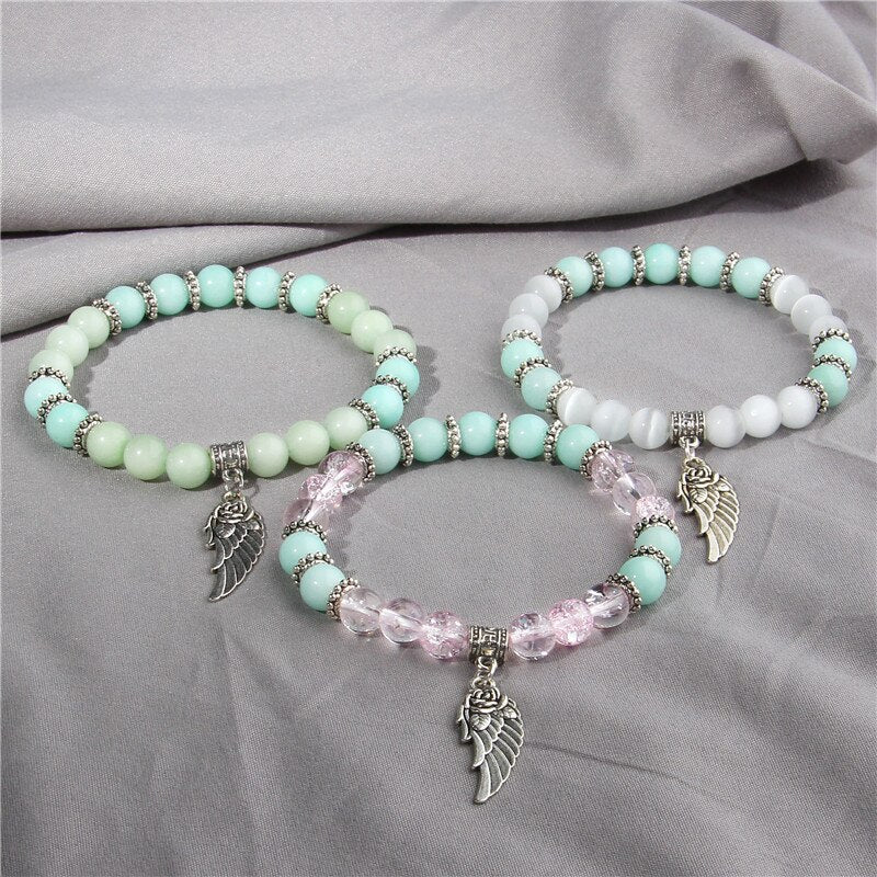 Pink Quartz with Angel Wings Pendent Bracelets Women Natural Stone Beads Charms Bangles Meditation Ethnic Handmade Jewelry Gift