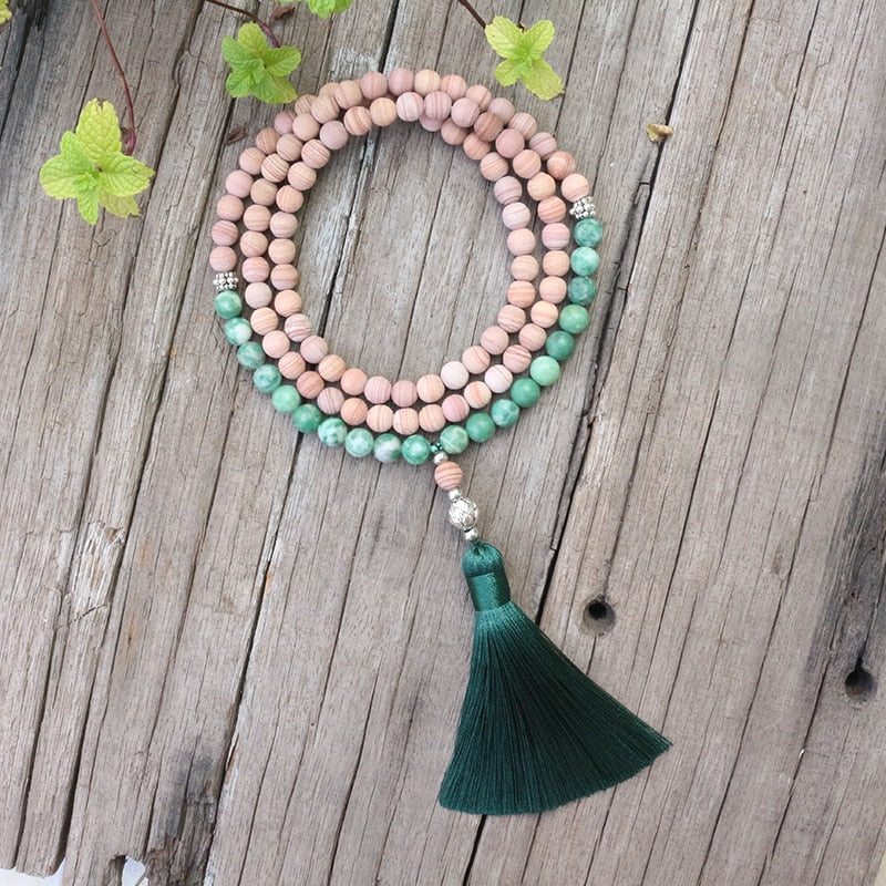 8mm Natural Stone Beads,Matte Line Stone,Qinghai Jadeite,JapaMala Sets,Spiritual Jewelry,Meditation,Inspirational,108 Mala Beads