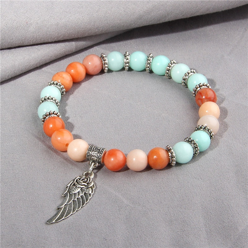 Pink Quartz with Angel Wings Pendent Bracelets Women Natural Stone Beads Charms Bangles Meditation Ethnic Handmade Jewelry Gift