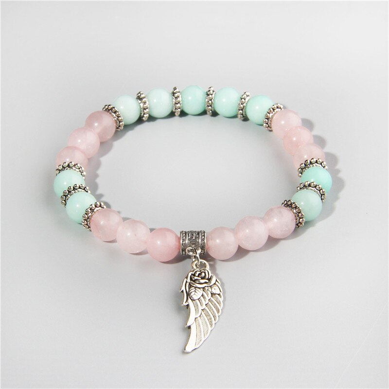 Pink Quartz with Angel Wings Pendent Bracelets Women Natural Stone Beads Charms Bangles Meditation Ethnic Handmade Jewelry Gift