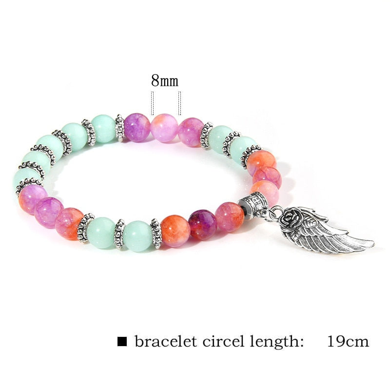 Pink Quartz with Angel Wings Pendent Bracelets Women Natural Stone Beads Charms Bangles Meditation Ethnic Handmade Jewelry Gift