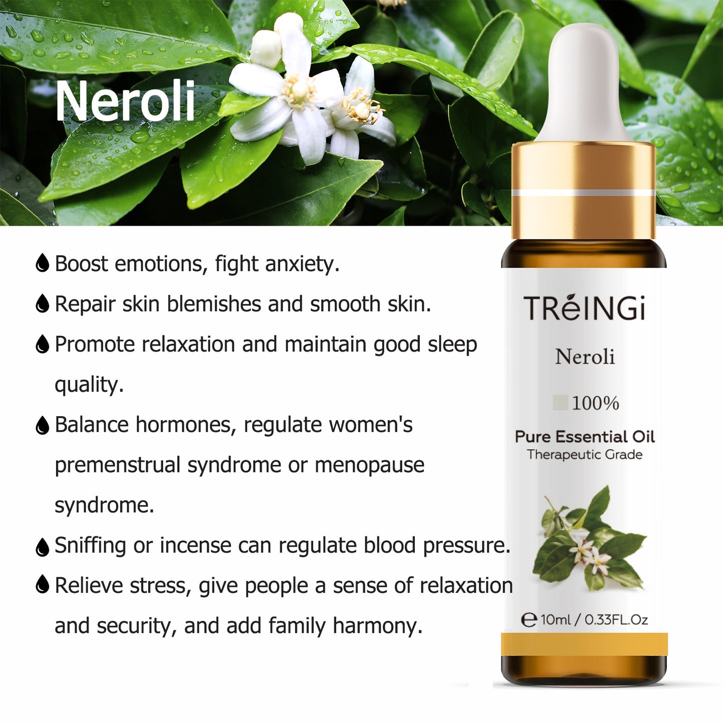 10ml Pure Natural Sandalwood Essential Oils Jasmine Lavender Rose Vanilla Mint Sage Cinnamon Bergamot Tea Tree Oil with Dropper
