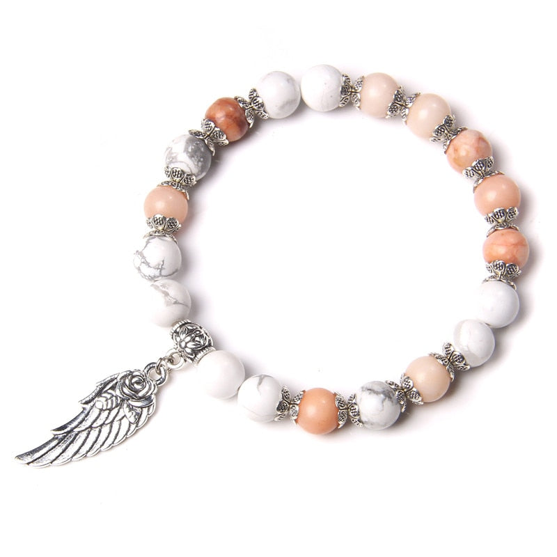Pink Quartz with Angel Wings Pendent Bracelets Women Natural Stone Beads Charms Bangles Meditation Ethnic Handmade Jewelry Gift