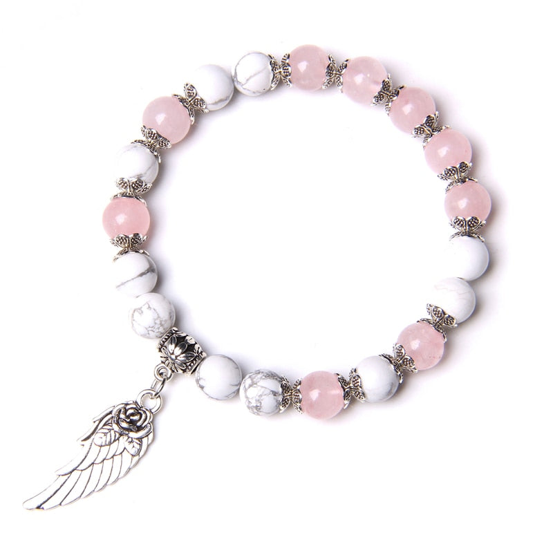 Pink Quartz with Angel Wings Pendent Bracelets Women Natural Stone Beads Charms Bangles Meditation Ethnic Handmade Jewelry Gift