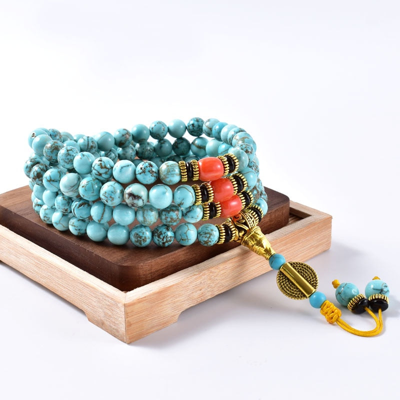 8mm Natural Turqouise Japamala Necklace for Women Men Meditation Yoga Spirit Inspirational Jewelry 108 Mala Bead Necklace