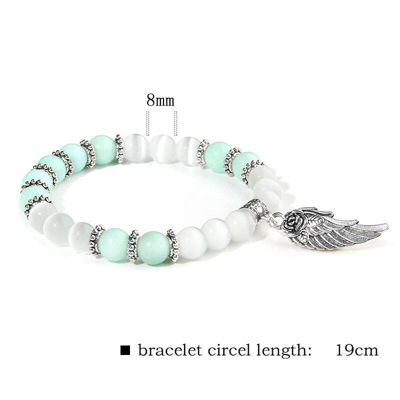Pink Quartz with Angel Wings Pendent Bracelets Women Natural Stone Beads Charms Bangles Meditation Ethnic Handmade Jewelry Gift