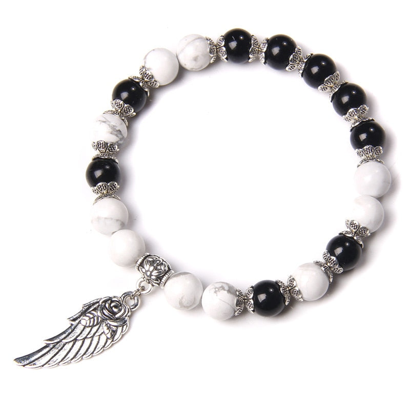 Pink Quartz with Angel Wings Pendent Bracelets Women Natural Stone Beads Charms Bangles Meditation Ethnic Handmade Jewelry Gift