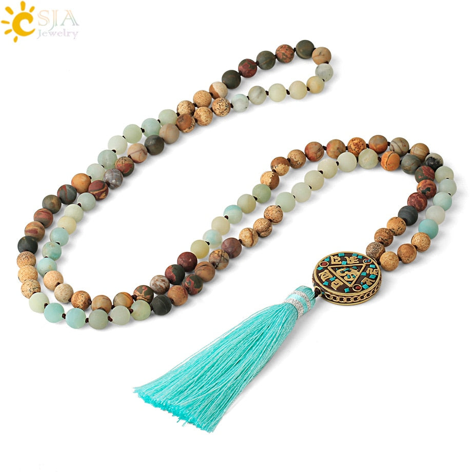 CSJA Mala Necklace 108 Natural Stones Japamala Matte Amazonite Female Long Necklaces Bohemian Meditation Jewelry Collier S672